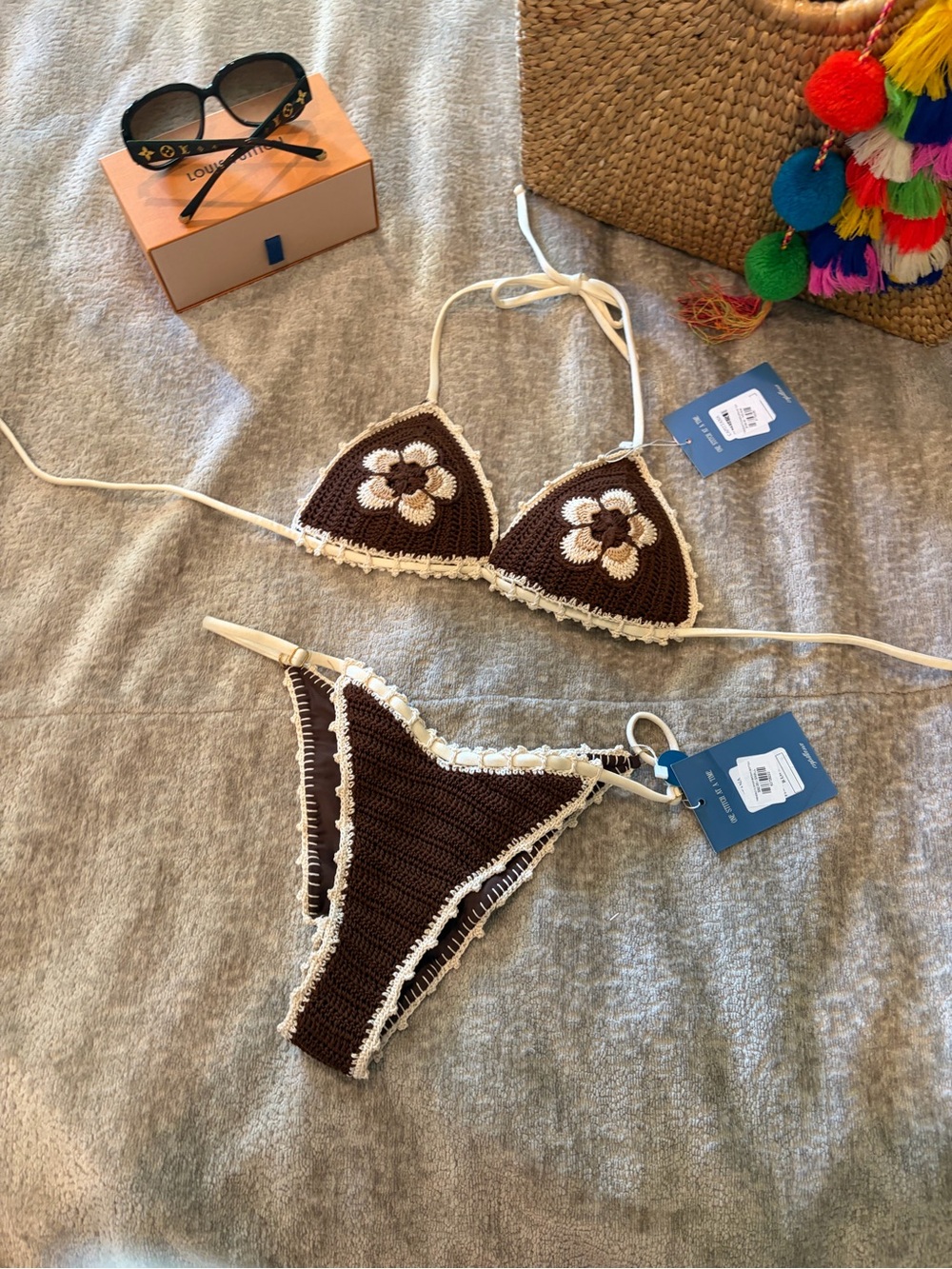 Brown Crochet Flower Triangle Bikini Set with Cream Trim